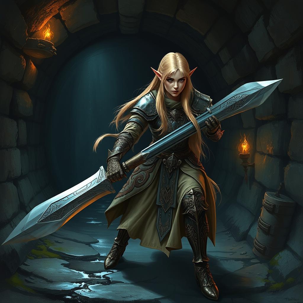 A female blond elven paladin wielding a large claymore sword, intently exploring a dark, grimy sewer