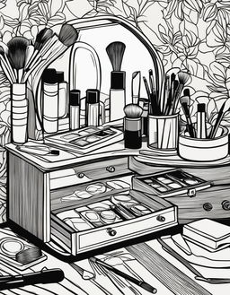 Black and white line art illustration in an adult colouring book style featuring various makeup items on a vanity table.