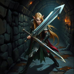 A female blond elven paladin wielding a large claymore sword, intently exploring a dark, grimy sewer