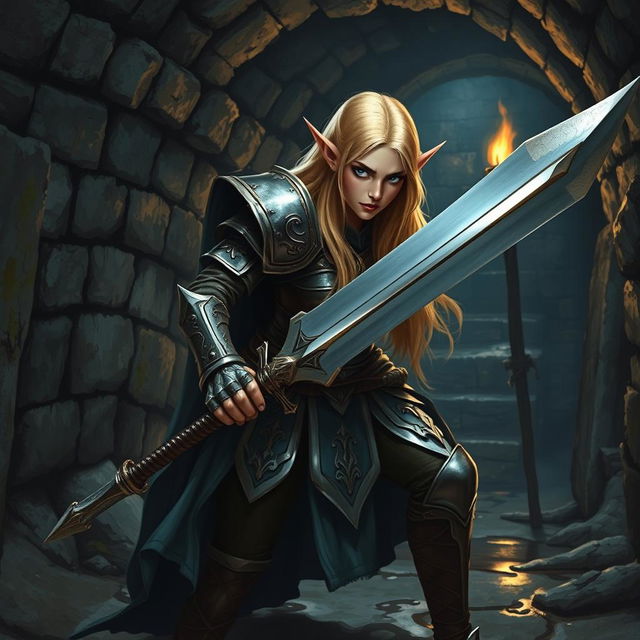 A female blond elven paladin wielding a large claymore sword, intently exploring a dark, grimy sewer