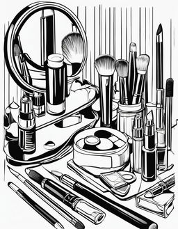 Black and white line art illustration in an adult colouring book style featuring various makeup items on a vanity table.