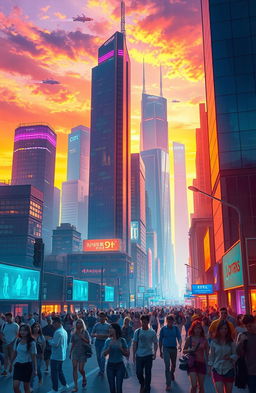 A digital painting of a futuristic city skyline at sunset, filled with towering skyscrapers with neon lights illuminating the scene