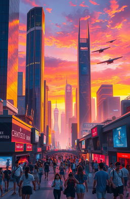 A digital painting of a futuristic city skyline at sunset, filled with towering skyscrapers with neon lights illuminating the scene