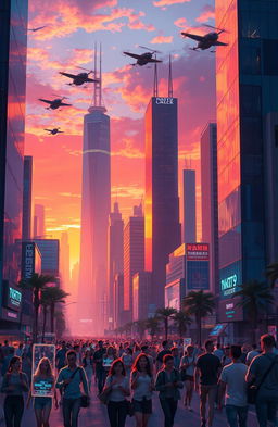 A digital painting of a futuristic city skyline at sunset, filled with towering skyscrapers with neon lights illuminating the scene