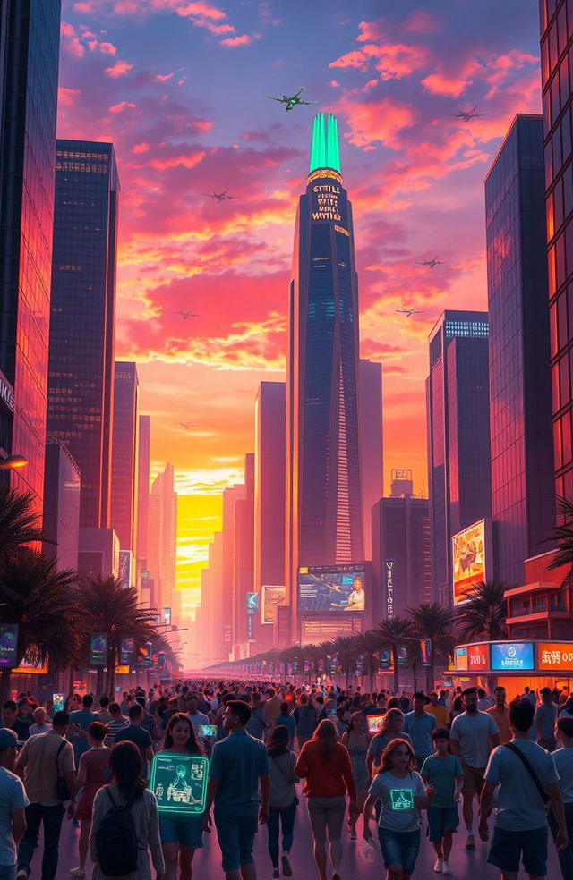 A digital painting of a futuristic city skyline at sunset, filled with towering skyscrapers with neon lights illuminating the scene