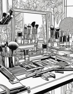 Black and white line art illustration in an adult colouring book style featuring various makeup items on a vanity table.