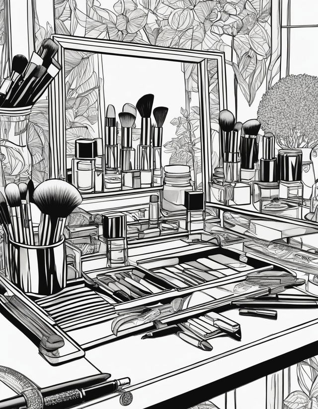 Black and white line art illustration in an adult colouring book style featuring various makeup items on a vanity table.