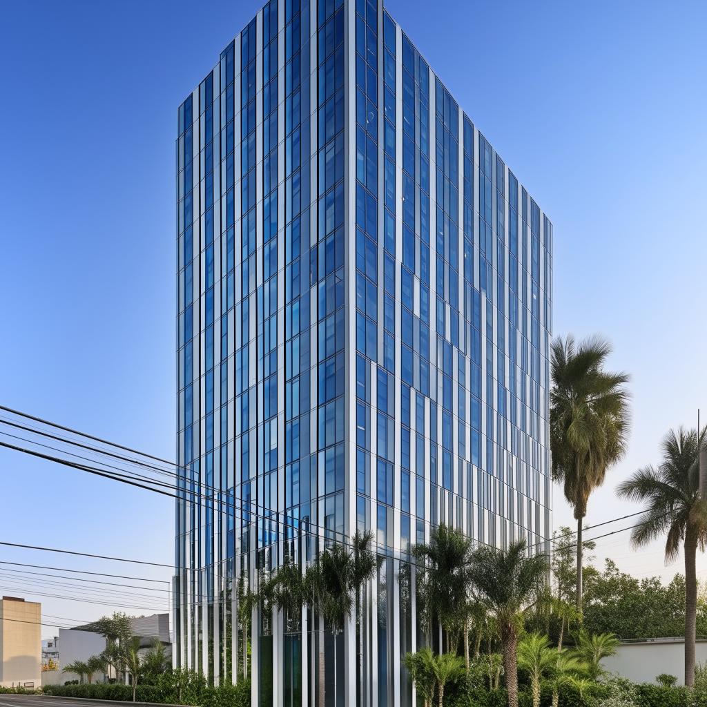 Three-story building front elevation architectural design featuring large glass windows and blue aluminum composite panels (ACP) elements