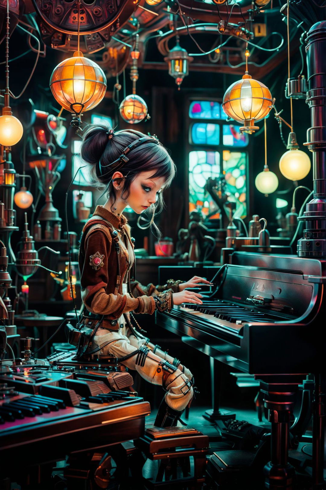 Edgy robot girl in ragged attire playing a digital piano in a steampunk Gepetto's workshop filled with neon lights, whimsical Star Wars droid figurines, and glowy colored notes