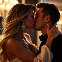 A glamorous adult actress with flowing long hair, wearing elegant long earrings, engaged in a passionate kiss