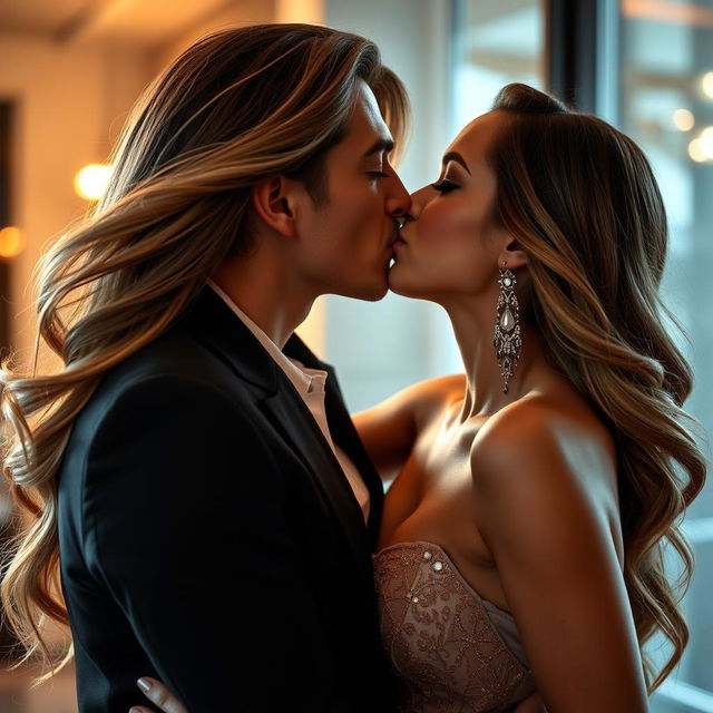 A glamorous adult actress with flowing long hair, wearing elegant long earrings, engaged in a passionate kiss