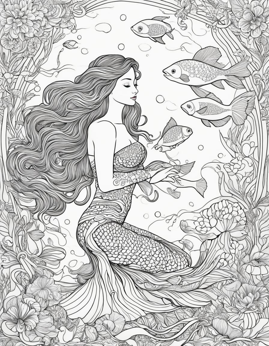 Black and white line art of a serene mermaid surrounded by underwater elements, designed as an adult colouring book page.