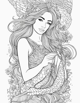 Black and white line art of a serene mermaid surrounded by underwater elements, designed as an adult colouring book page.