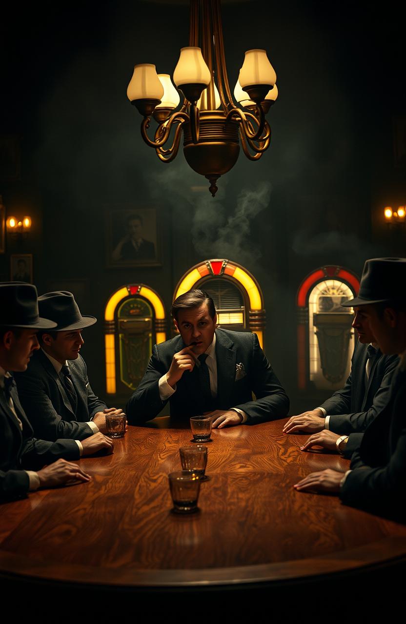 A cinematic scene depicting a classic 1920s mafia meeting in a dimly lit smoke-filled room