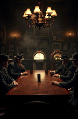A cinematic scene depicting a classic 1920s mafia meeting in a dimly lit smoke-filled room