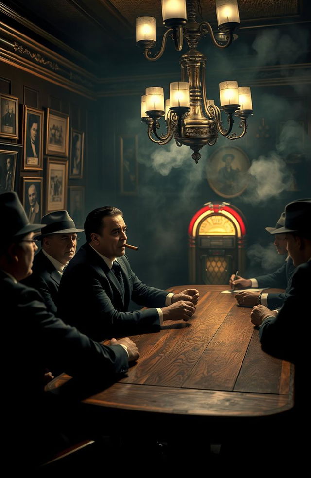 A cinematic scene depicting a classic 1920s mafia meeting in a dimly lit smoke-filled room