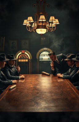 A cinematic scene depicting a classic 1920s mafia meeting in a dimly lit smoke-filled room
