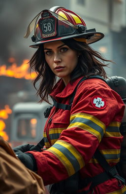 A realistic and dynamic depiction of Camilla Luddington as a firefighter paramedic, wearing a firefighter's helmet, a red fire suit with reflective stripes, and holding a medical kit
