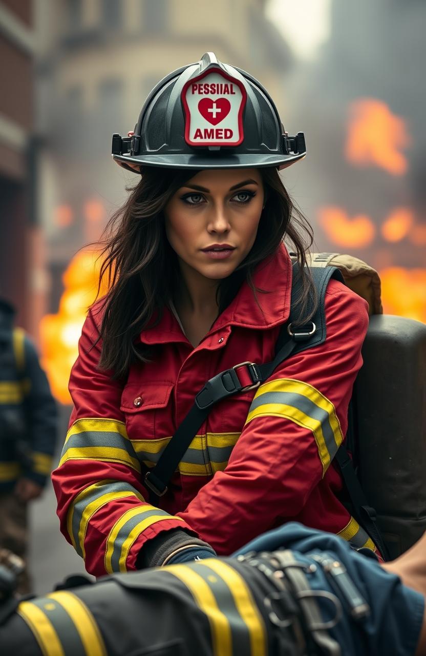 A realistic and dynamic depiction of Camilla Luddington as a firefighter paramedic, wearing a firefighter's helmet, a red fire suit with reflective stripes, and holding a medical kit
