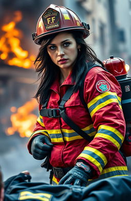 A realistic and dynamic depiction of Camilla Luddington as a firefighter paramedic, wearing a firefighter's helmet, a red fire suit with reflective stripes, and holding a medical kit