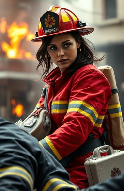 A realistic and dynamic depiction of Camilla Luddington as a firefighter paramedic, wearing a firefighter's helmet, a red fire suit with reflective stripes, and holding a medical kit