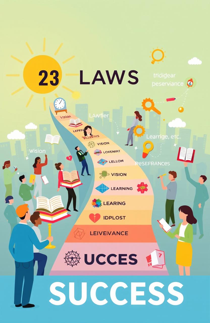 Illustration depicting the 24 laws of success represented through symbolic imagery