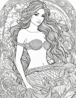 Black and white line art of a serene mermaid surrounded by underwater elements, designed as an adult colouring book page.