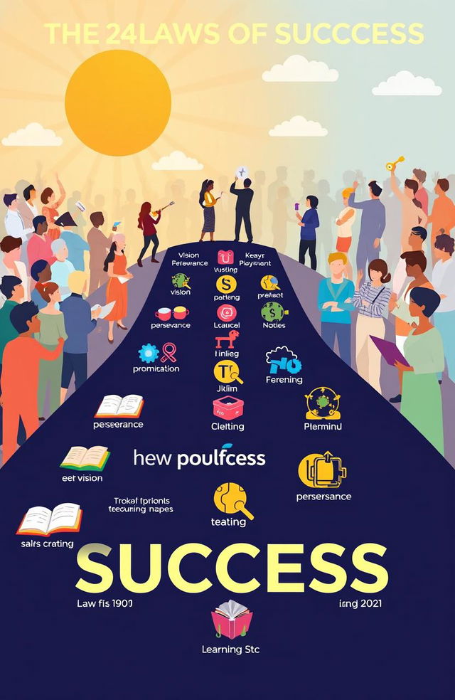 Illustration depicting the 24 laws of success represented through symbolic imagery