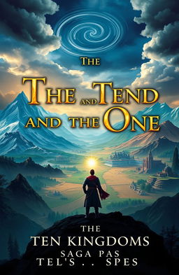 A captivating book cover for 'The Ten And The One: The Ten Kingdoms Saga', featuring a mystical landscape divided into ten distinct kingdoms, each with unique characteristics like snowy mountains, lush forests, arid deserts, and vibrant cities