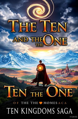 A captivating book cover for 'The Ten And The One: The Ten Kingdoms Saga', featuring a mystical landscape divided into ten distinct kingdoms, each with unique characteristics like snowy mountains, lush forests, arid deserts, and vibrant cities
