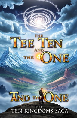 A captivating book cover for 'The Ten And The One: The Ten Kingdoms Saga', featuring a mystical landscape divided into ten distinct kingdoms, each with unique characteristics like snowy mountains, lush forests, arid deserts, and vibrant cities