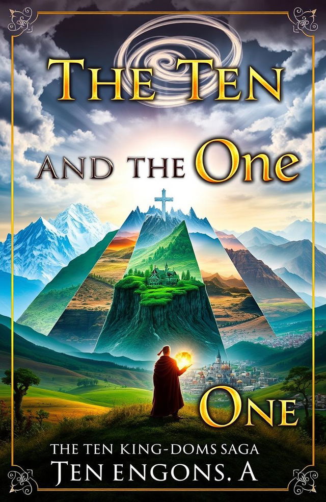 A captivating book cover for 'The Ten And The One: The Ten Kingdoms Saga', featuring a mystical landscape divided into ten distinct kingdoms, each with unique characteristics like snowy mountains, lush forests, arid deserts, and vibrant cities