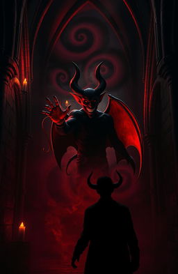 A dramatic scene depicting a figurative representation of the devil as a charismatic figure in a dark, mystical environment