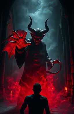 A dramatic scene depicting a figurative representation of the devil as a charismatic figure in a dark, mystical environment