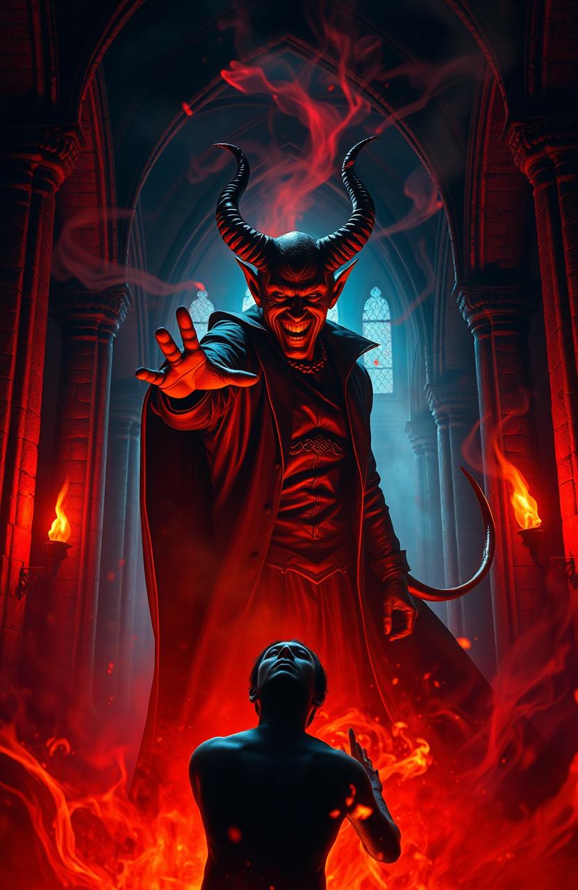 A dramatic scene depicting a figurative representation of the devil as a charismatic figure in a dark, mystical environment