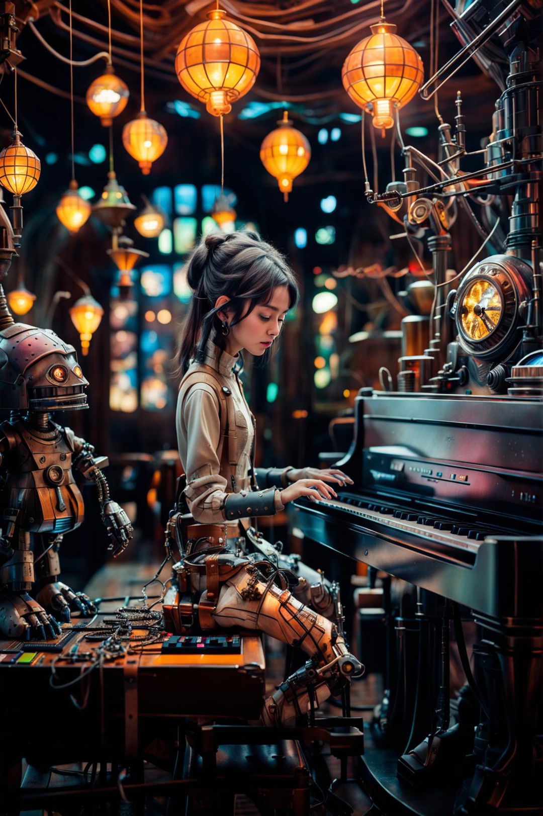 Edgy robot girl in ragged attire playing a digital piano in a steampunk Gepetto's workshop filled with neon lights, whimsical Star Wars droid figurines, and glowy colored notes