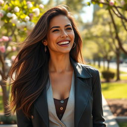 A stunning woman in her mid-30s, exuding confidence and sophistication