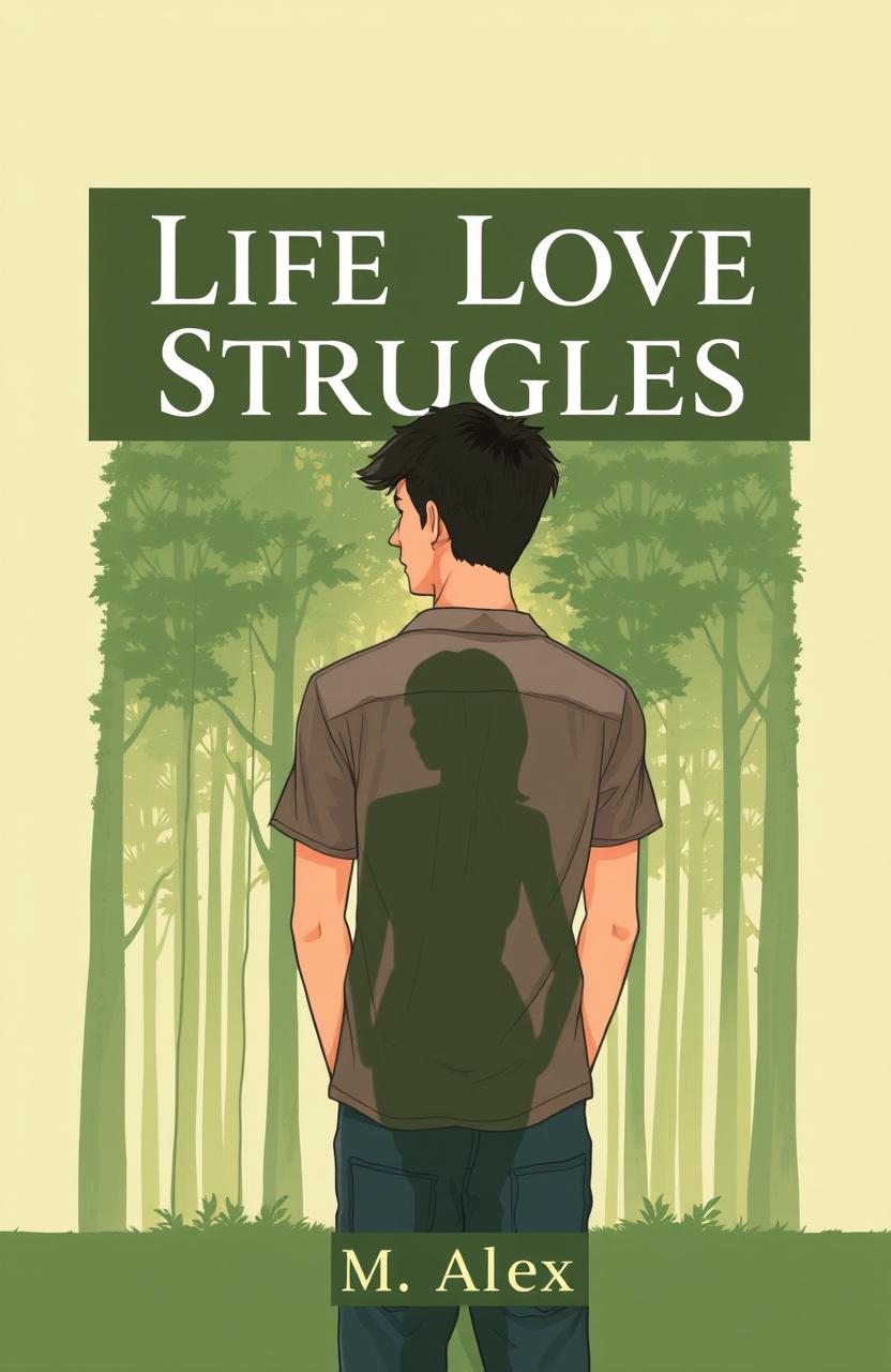 A book cover illustration featuring a confused man facing backwards, looking thoughtfully at a dense forest of trees