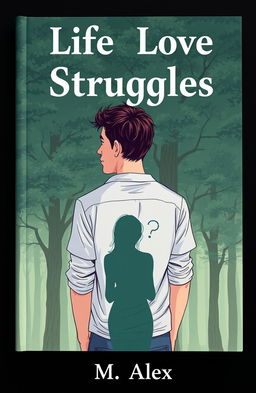 A book cover illustration featuring a confused man facing backwards, looking thoughtfully at a dense forest of trees