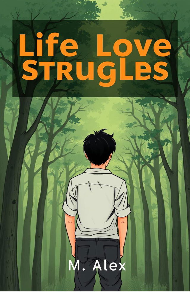 A book cover illustration featuring a confused man facing backwards, looking thoughtfully at a dense forest of trees