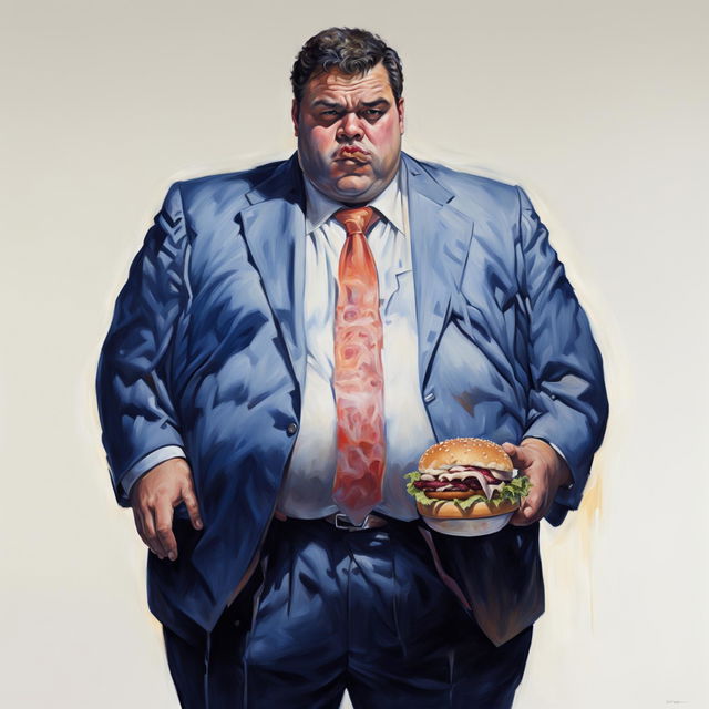 Hyper-realistic digital painting of a morbidly obese man in a navy blue pinstripe suit holding a detailed cheeseburger against a stark white background