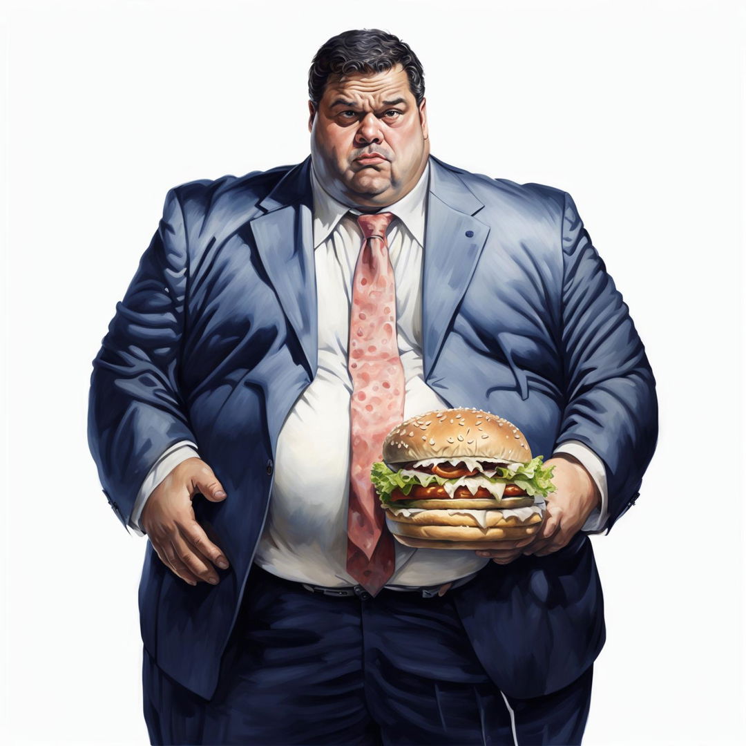 Hyper-realistic digital art of an extremely obese man in a strained suit holding a cheeseburger, against a stark white background