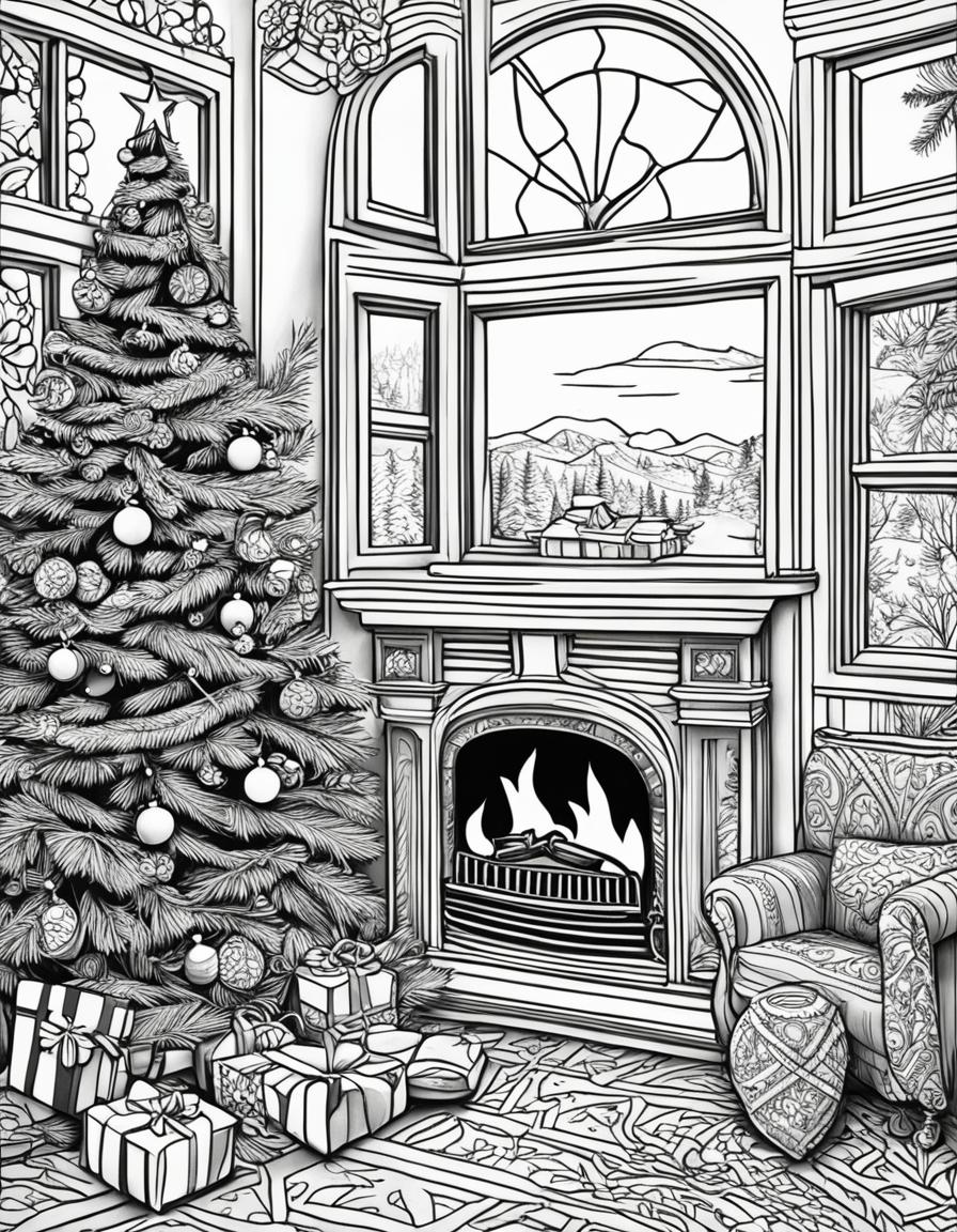 An intricate adult coloring page featuring a detailed Christmas scene with a decorated tree, gifts, a fireplace with stockings, and a snowy landscape outside a window