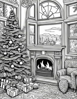 An intricate adult coloring page featuring a detailed Christmas scene with a decorated tree, gifts, a fireplace with stockings, and a snowy landscape outside a window