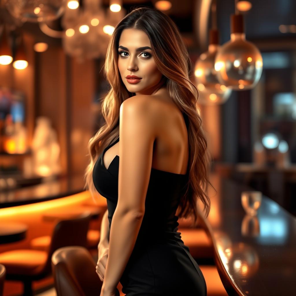 A glamorous and alluring woman in a stylish black dress, elegantly posed with a sultry expression, her long hair cascading over her shoulders