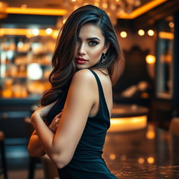 A glamorous and alluring woman in a stylish black dress, elegantly posed with a sultry expression, her long hair cascading over her shoulders