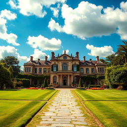 An exquisite 1800s country manor, belonging to a Duke, surrounded by lush gardens and sprawling landscapes