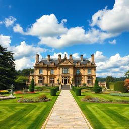 An exquisite 1800s country manor, belonging to a Duke, surrounded by lush gardens and sprawling landscapes