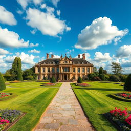 An exquisite 1800s country manor, belonging to a Duke, surrounded by lush gardens and sprawling landscapes