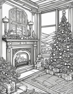 An intricate adult coloring page featuring a detailed Christmas scene with a decorated tree, gifts, a fireplace with stockings, and a snowy landscape outside a window